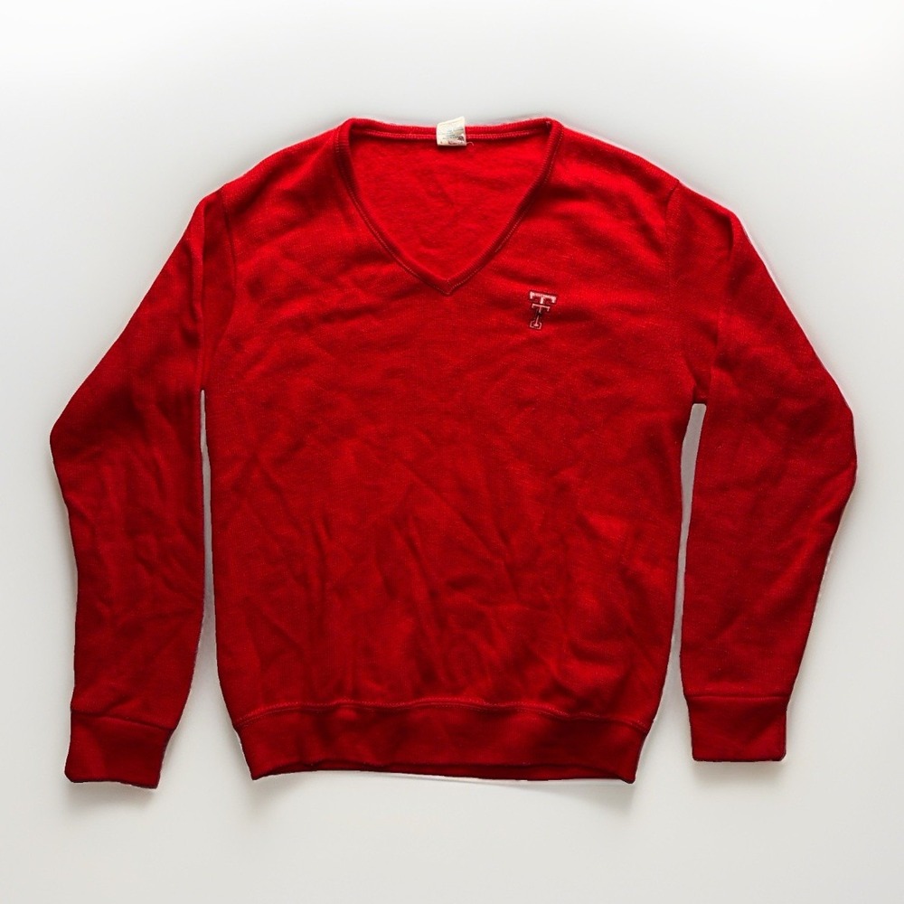 Vintage Champion Texas Tech Red Knit Collegiate Sweater Long Sleeve M USA 70s